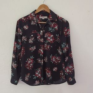 Ann Taylor Loft Black with Floral Pattern Button Up Long Sleeve Blouse Size XS